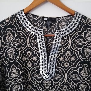 Linen Embellished Detail Women's Top Sz Large Black Ivory Silver